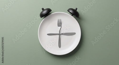 Intermittent fasting and meal scheduling concept featuring an empty plate styled as an alarm clock with fork and knife on sage green background