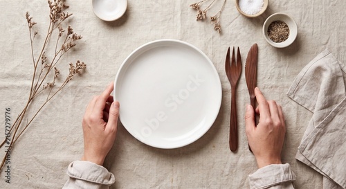 Mindful eating and fasting concept featuring top view of hands framing an empty white plate on a linen tablecloth with wooden cutlery