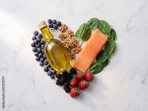 Heart health and healthy eating concept featuring salmon olive oil berries nuts and spinach arranged in a heart shape on white marble