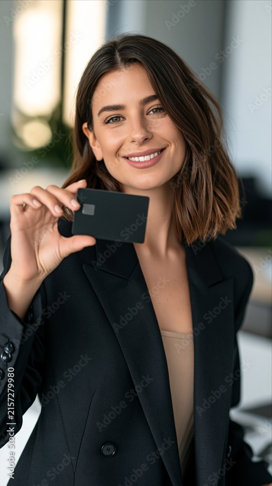 Obraz premium Smiling Young Businesswoman Holding Credit Card for Digital Payment