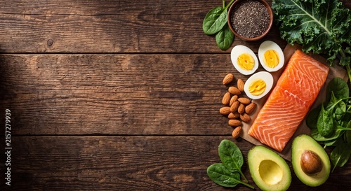 Ketogenic diet and healthy eating concept featuring salmon avocado eggs nuts and greens on rustic wood with copy space