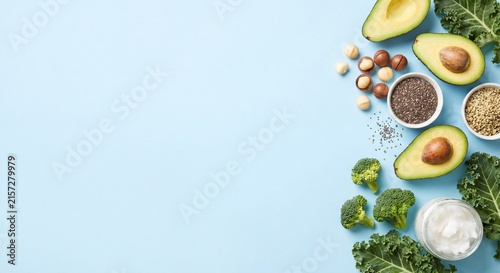 Ketogenic diet and healthy nutrition concept featuring flat lay of avocado, coconut oil, nuts, and greens on blue background with copy space