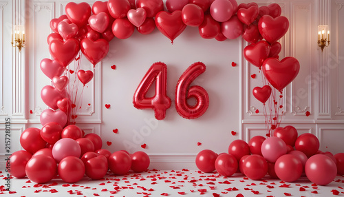 Number 46 balloons and red hearts for romantic anniversary celebration backdrop.