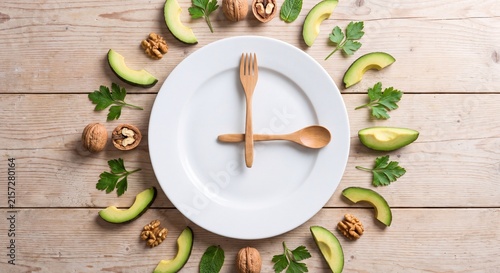 Intermittent fasting and healthy diet concept featuring clock face plate with avocado, walnuts, and herbs on wooden table