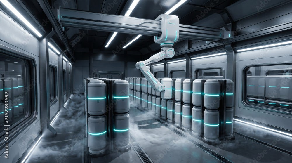 Fototapeta premium Futuristic 3D render of an overhead gantry robotic arm managing high-capacity cryogenic storage cylinders in an automated vault.