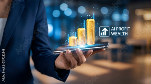 Businessman holding digital AI wealth growth hologram with financial success icons