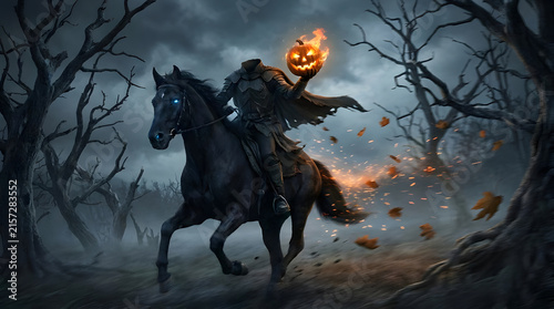 Headless horseman riding through dark misty forest