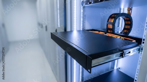 Open sliding server rack tray with cable management track in data center