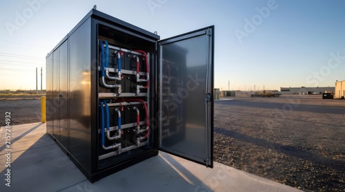 Industrial fluid control cabinet with red and blue piping in outdoor facility