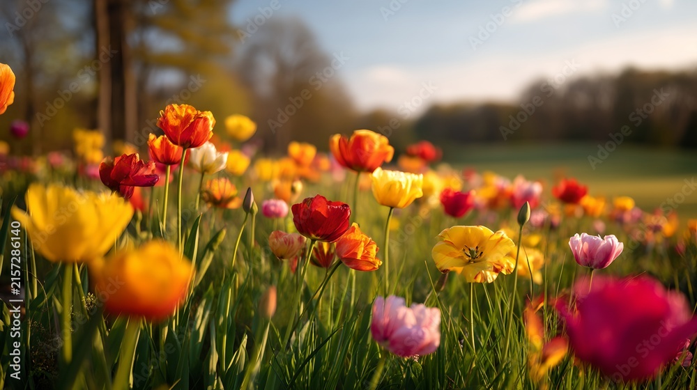 Obraz premium A vibrant field bursting with colorful tulips in full bloom, set against a soft green meadow and a clear blue sky