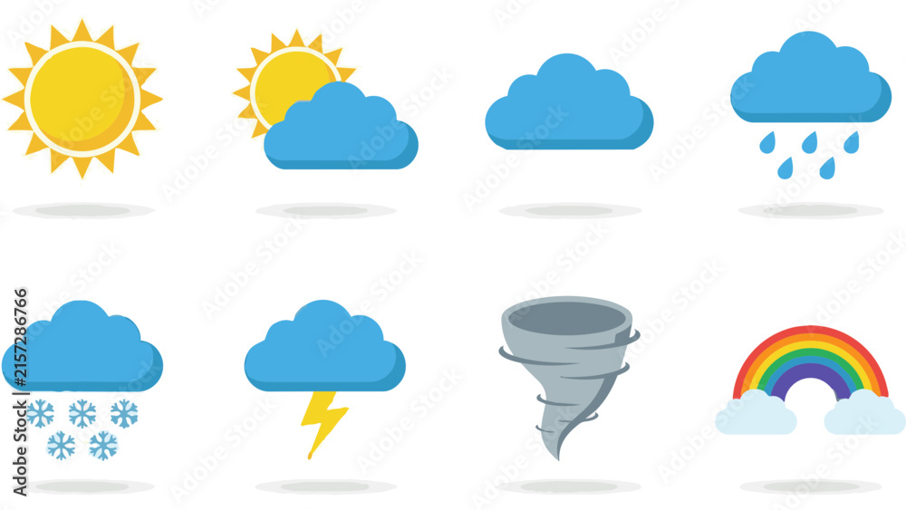 Fototapeta premium Colorful Weather Forecast Icons Set with Sun Clouds Rain Snow and Storm Symbols