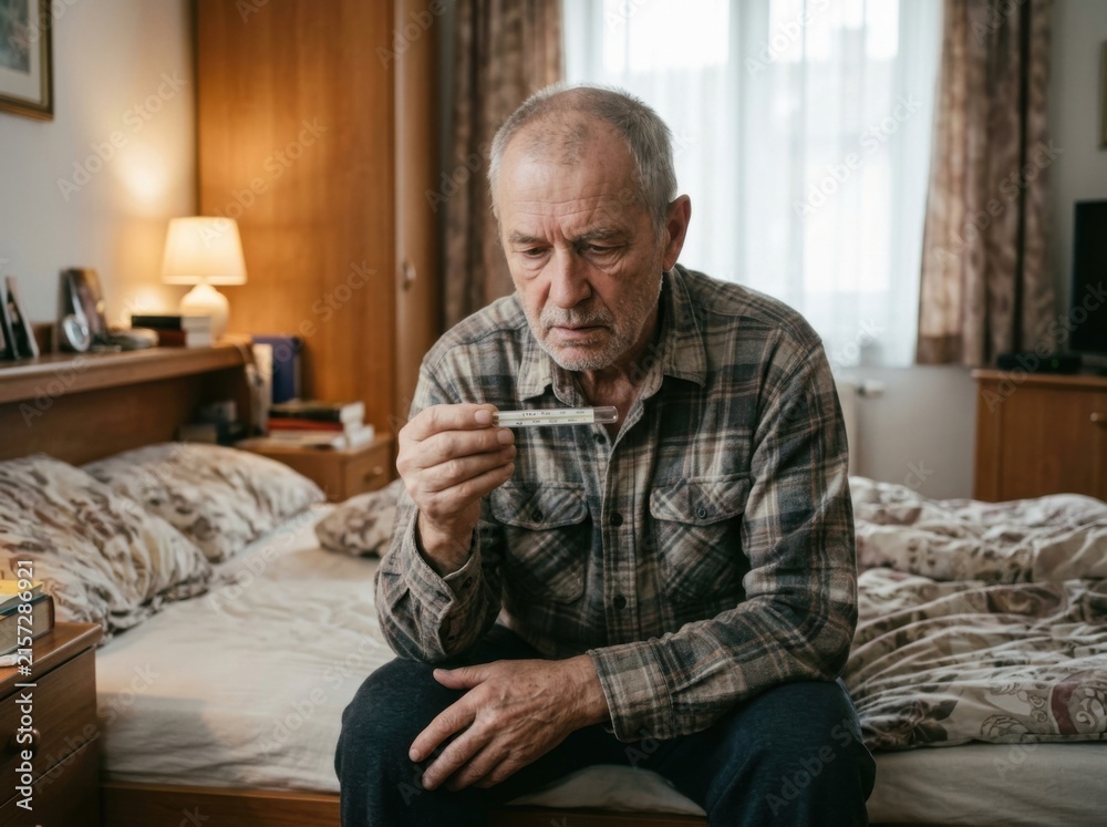 Fototapeta premium Elderly Man Checks His Temperature Sitting On The Bed