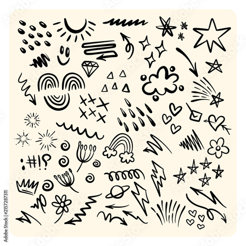 Cute Hand Drawn Doodles and Scribble Symbols Collection Line Art Elements