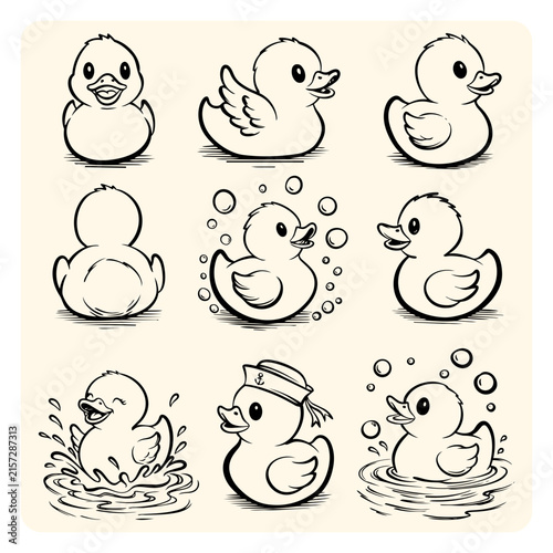 Cute Baby Duck Set Line Art Illustration