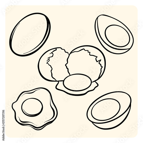 Fresh Eggs Collection Boiled Fried Cracked Shells Hand Drawn Set