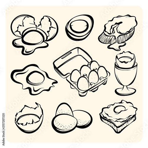 Fresh Eggs Variety Set Egg Carton Toast Shells Line Art