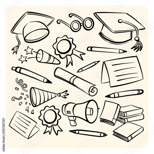 Graduation and Education Elements Set Toga Cap Diploma and Books Line Art