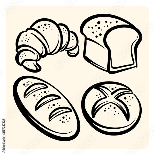 Hand Drawn Bakery Set with Bread Croissant and Bun Line Art Illustration