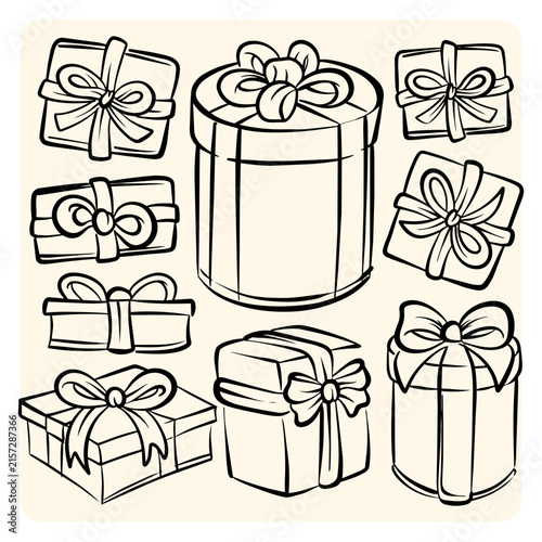 Hand Drawn Gift Box Set with Ribbon Bows Celebration Line Art Illustration