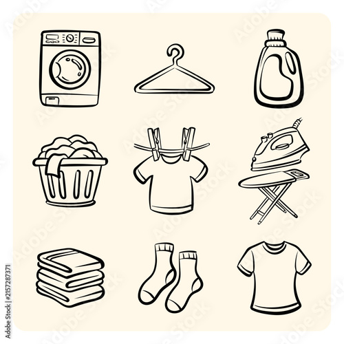 Laundry Day Elements Set Washing Machine Iron and Clothing Line Art Sketch