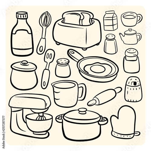 Kitchen Utensils and Baking Equipment Set Line Art Doodle
