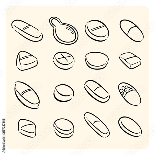 Medical Pills Capsules and Tablets Line Art Pattern Set