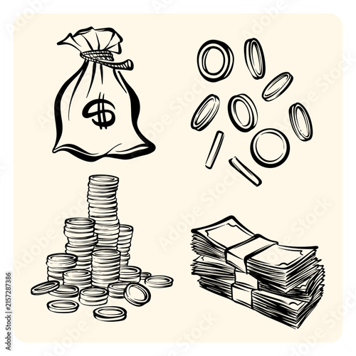 Money Finance Stacked Coins and Cash Line Art Set