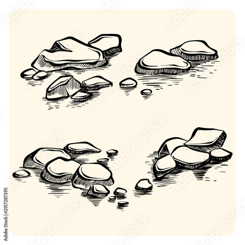 Natural Stones Rocks and Pebbles Set Hand Drawn Line Art
