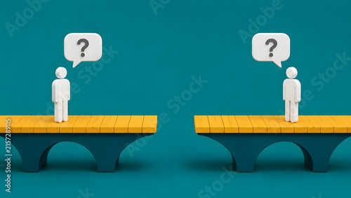 Conceptual illustration of two people standing on separated bridge segments