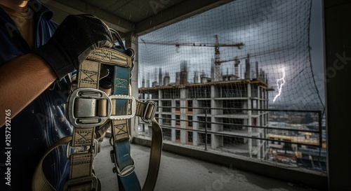 Construction Safety Harness Preparation During Stormy Weather With Lightning Strike