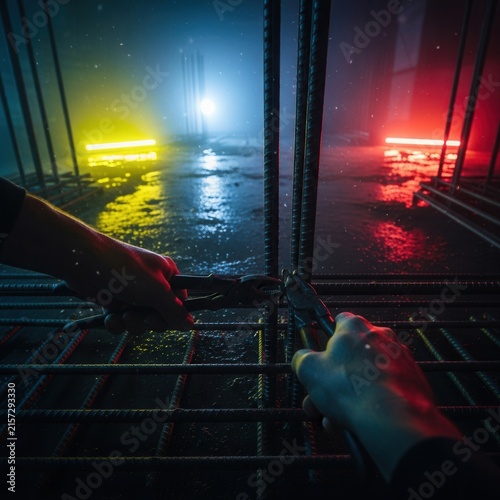 Construction Site Focus Captures Intense Nighttime Rebar Work