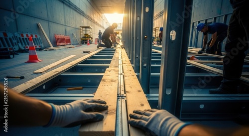 Construction Site Focus On Workers Building Infrastructure Under Sunlight