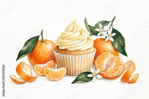Watercolor painting depicts a frosted cupcake amidst ripe mandarins, green leaves, and citrus blossoms. Represents fresh, natural ingredients for delightful dessert creations.