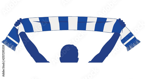 Two hands holding a long soccer fan scarf high in celebration, vibrant royal blue and white, sharp clean silhouette, victory mood, minimalist flat vector artwork, clipart style, absolute solid