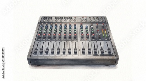 Compact analog audio mixer with tactile controls for professional sound production, watercolor illustration isolated on white.