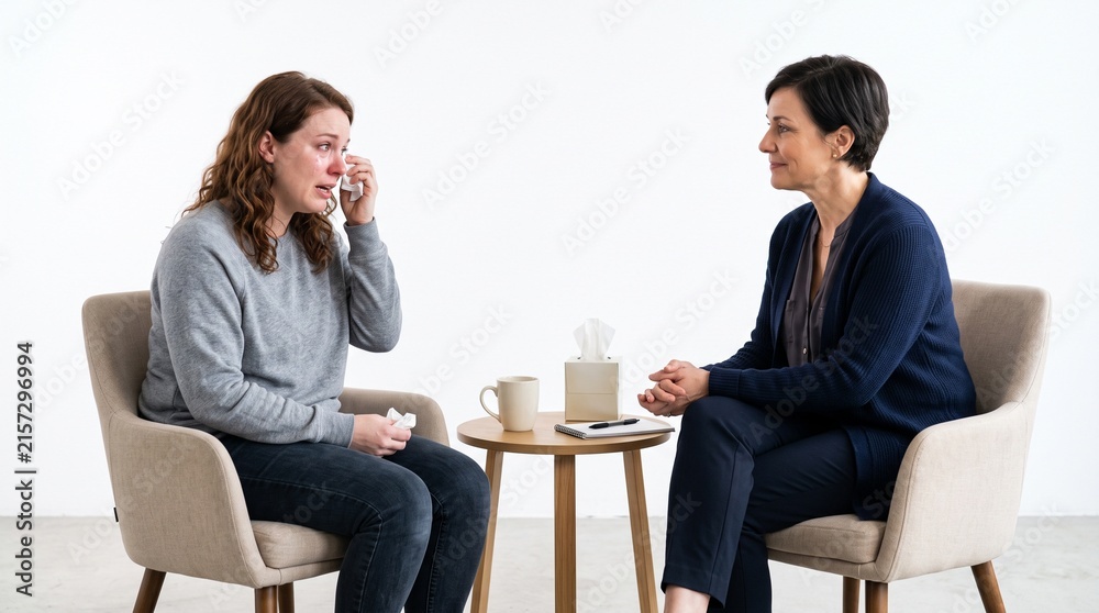 Obraz premium Woman crying during therapy session with counselor offering support