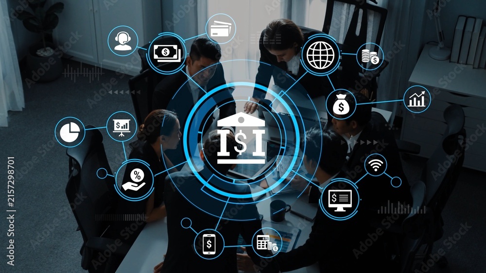 Fototapeta premium Group of Business Professionals Collaborating on Financial Strategies with Technology and Digital Icons Representing Finance and Innovation. Entropy.