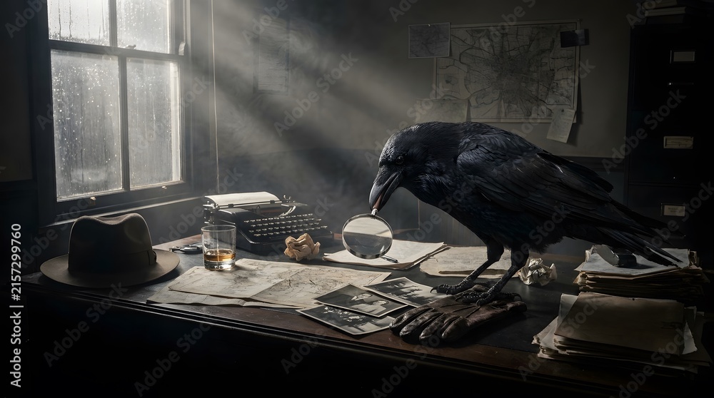 Naklejka premium Gothic Black Raven Perched on Desk in Dim Office