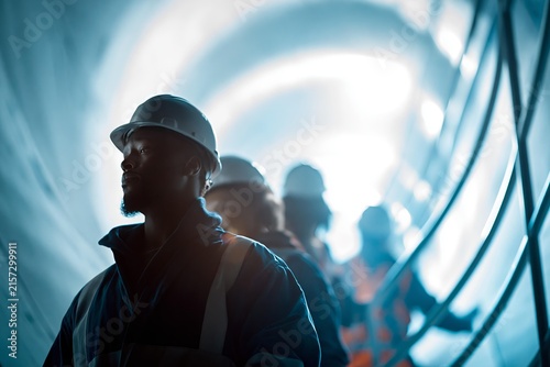Construction worker wearing white hard hat uniform. Industrial tunnel underground with bright lighting and coworkers walking. Engineering labor career professional