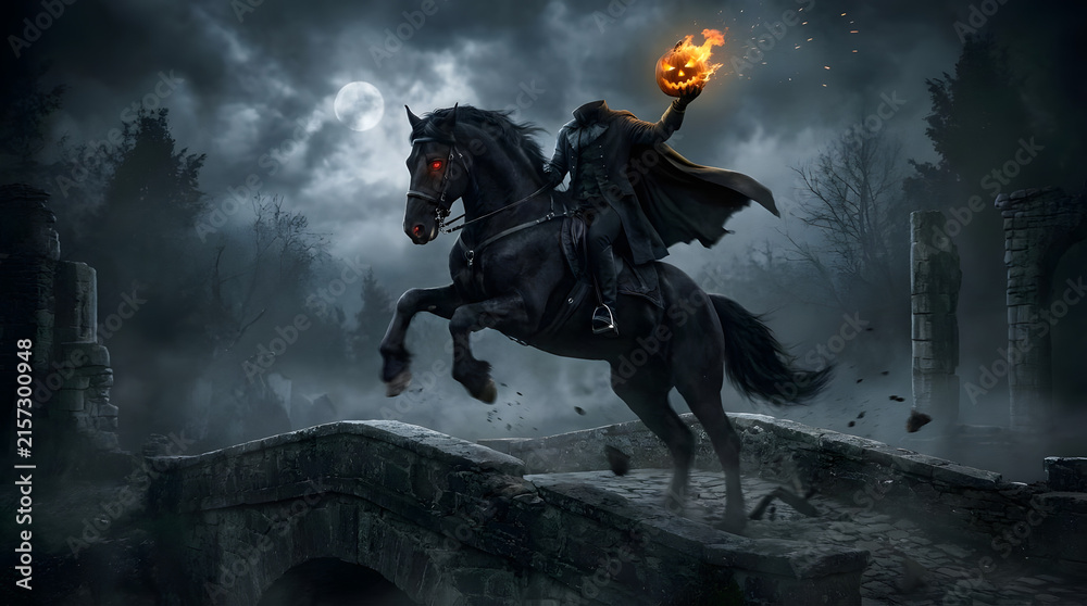 Naklejka premium Headless horseman holding flaming pumpkin on bridge at night.