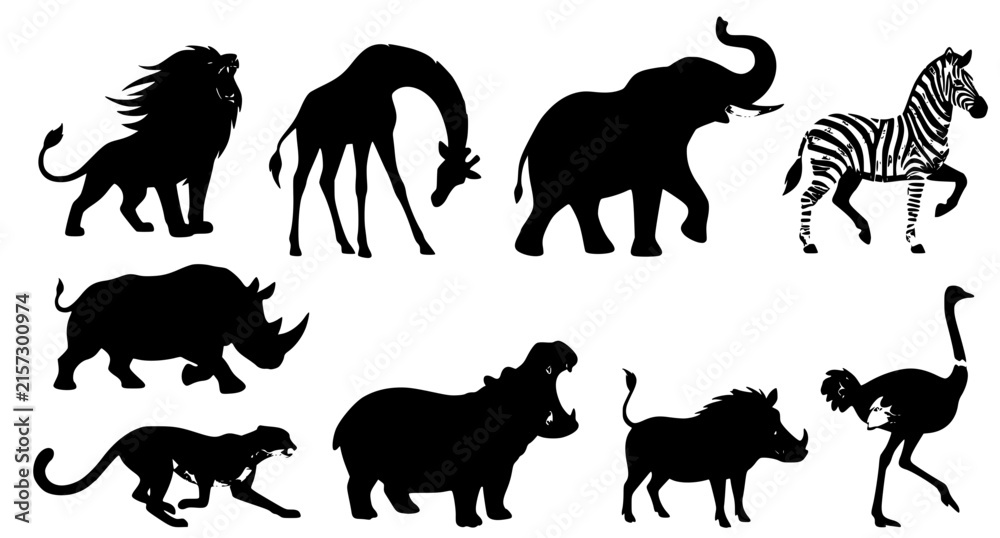Obraz premium African Savannah Wildlife Vector Characters in Different Poses Lion Giraffe Elephant Zebra and Cheetah