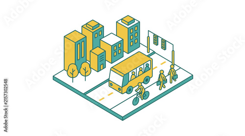 Isometric City Scene with Bus, Cyclist, Pedestrians and Buildings