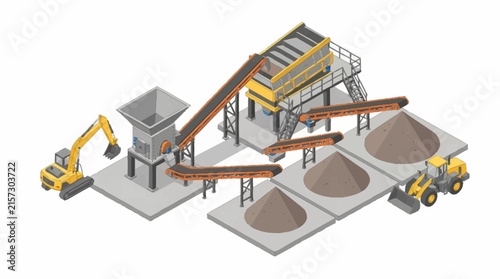 Isometric view of a modern aggregate processing plant with machinery.