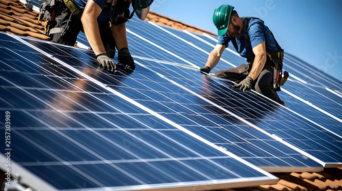 Workers Installing Solar Arrays in Modern Neighborhood