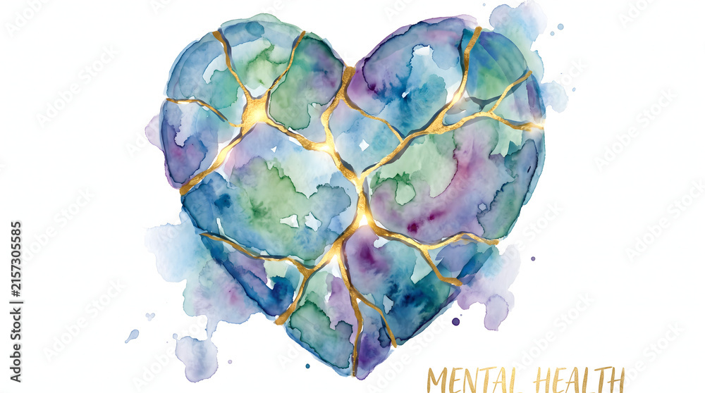 Fototapeta premium Abstract watercolor kintsugi heart with gold veins symbolising emotional healing and resilience