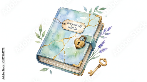 Artistic watercolor diary with heart lock and gold key for self reflection journey