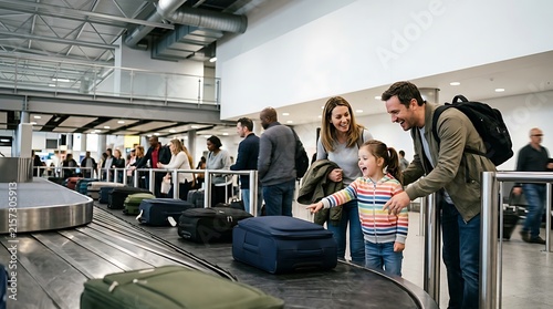 Happy family excited to collect luggage at airport baggage claim carousel