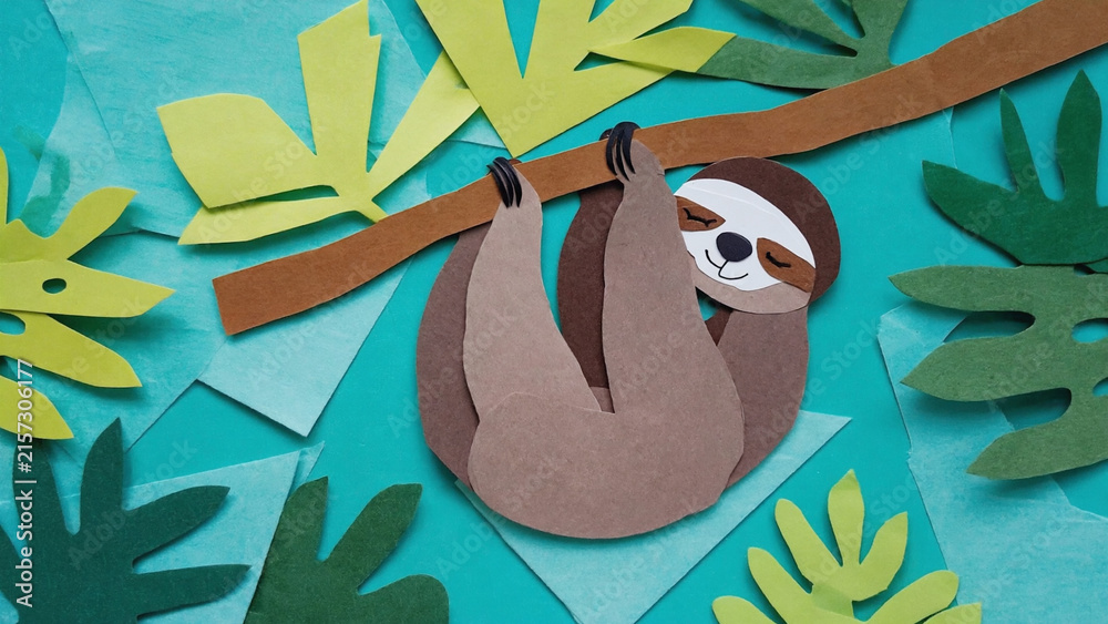Naklejka premium papercut sloth hanging on tree branch wallpaper background.ai 