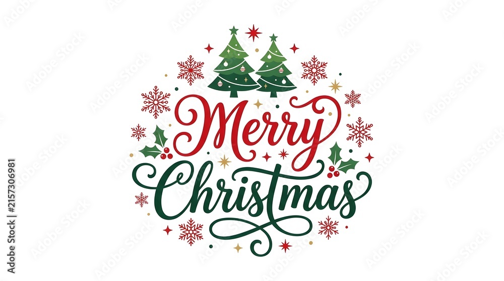 Fototapeta premium Beautiful merry christmas greeting card design with elegant calligraphy and festive green pine trees on white background