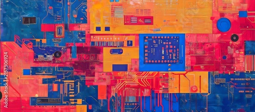 Abstract. Technology. Vibrant Colors. Circuit Patterns.